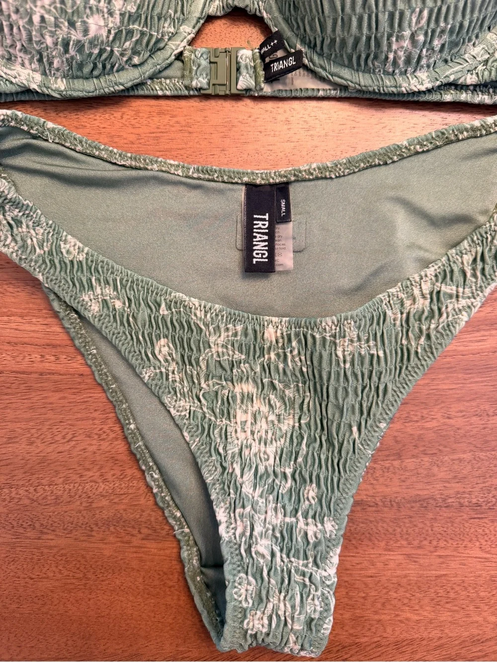 triangl swimwear Olive Green Textured Bikini Set with White Print